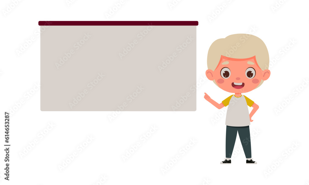 Cute little boy points his finger at the empty board. Template for children design. Cartoon schoolboy character. Vector illustration Cute little boy points his finger at the empty board. Template for children design. Cartoon schoolboy character. Vector illustration