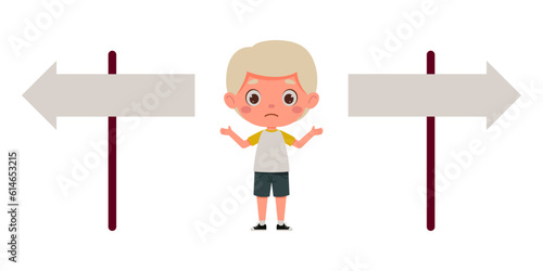 Cute little boy looking at road sign and decide the right way. Template for children design. Cartoon schoolboy character. Vector illustration