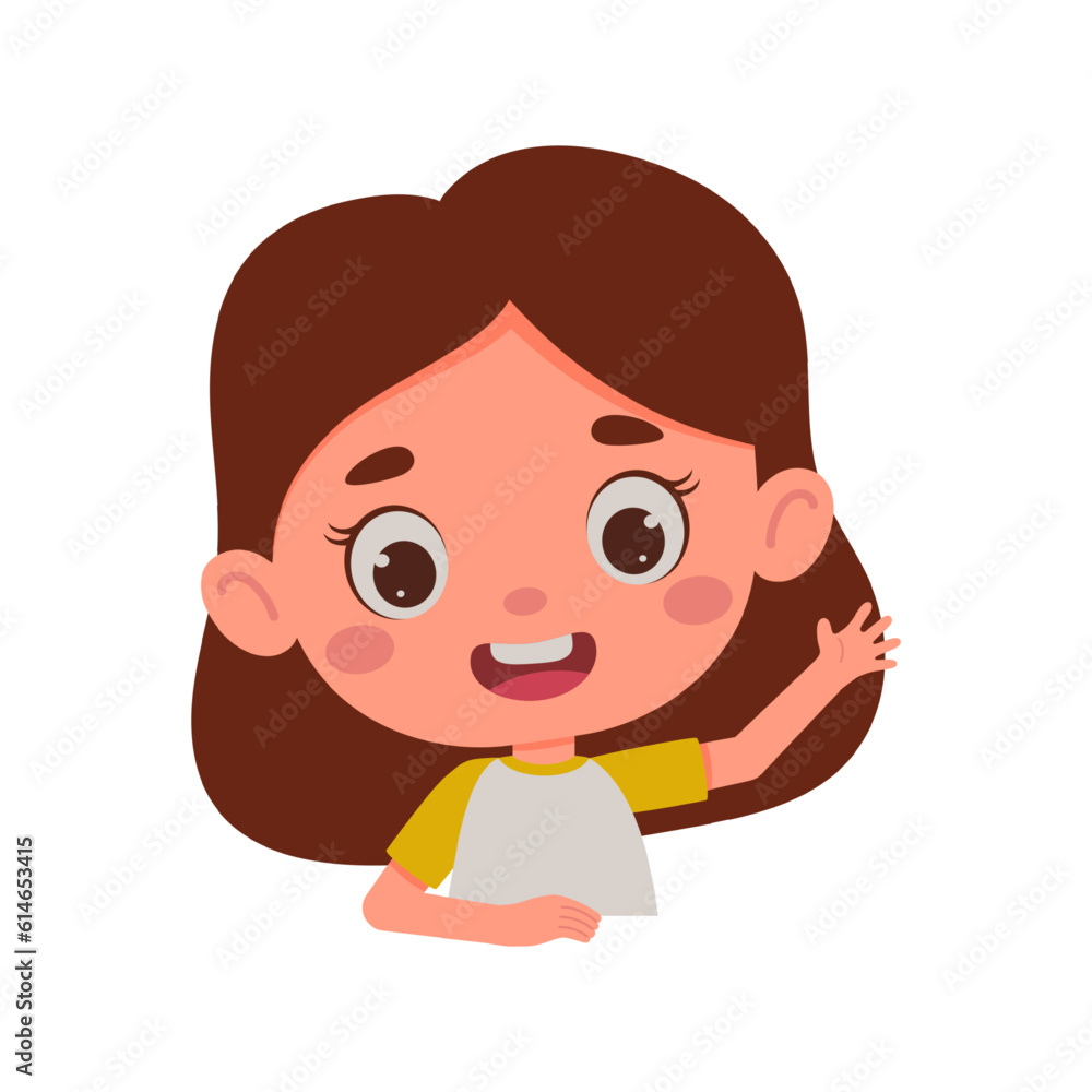 Cute cartoon little girl waving his hand. Little schoolgirl character. Template for children design. Vector illustration Cute cartoon little girl waving his hand. Little schoolgirl character. Template for children design. Vector illustration