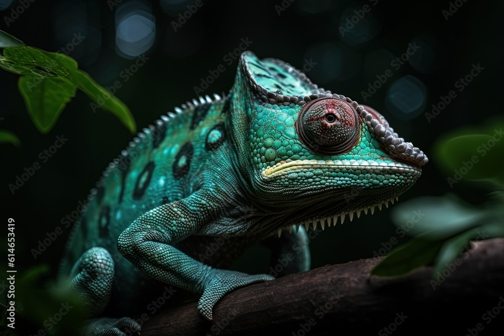 Fototapeta premium A solitary chameleon gracefully perches on a forest branch, blending seamlessly with its surroundings, showcasing nature's remarkable adaptations.. Generative Ai