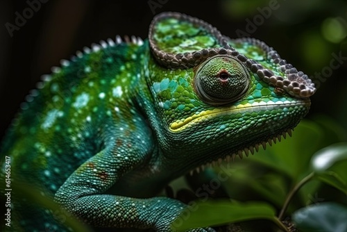  A solitary chameleon gracefully perches on a forest branch, blending seamlessly with its surroundings, showcasing nature's remarkable adaptations.. Generative Ai