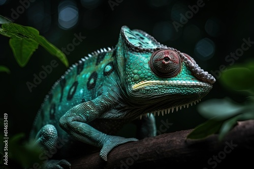  A solitary chameleon gracefully perches on a forest branch, blending seamlessly with its surroundings, showcasing nature's remarkable adaptations.. Generative Ai © DigitalGenetics