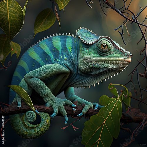  A solitary chameleon gracefully perches on a forest branch, blending seamlessly with its surroundings, showcasing nature's remarkable adaptations.. Generative Ai © DigitalGenetics
