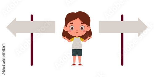 Cute little girl looking at road sign and decide the right way. Template for children design. Cartoon schoolgirl character. Vector illustration