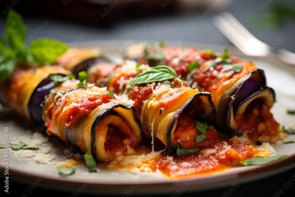 Involtini di Melanzane with thinly sliced eggplants, melted cheese, and fresh basil on a serving dish Involtini di Melanzane with thinly sliced eggplants, melted cheese, and fresh basil on a serving dish