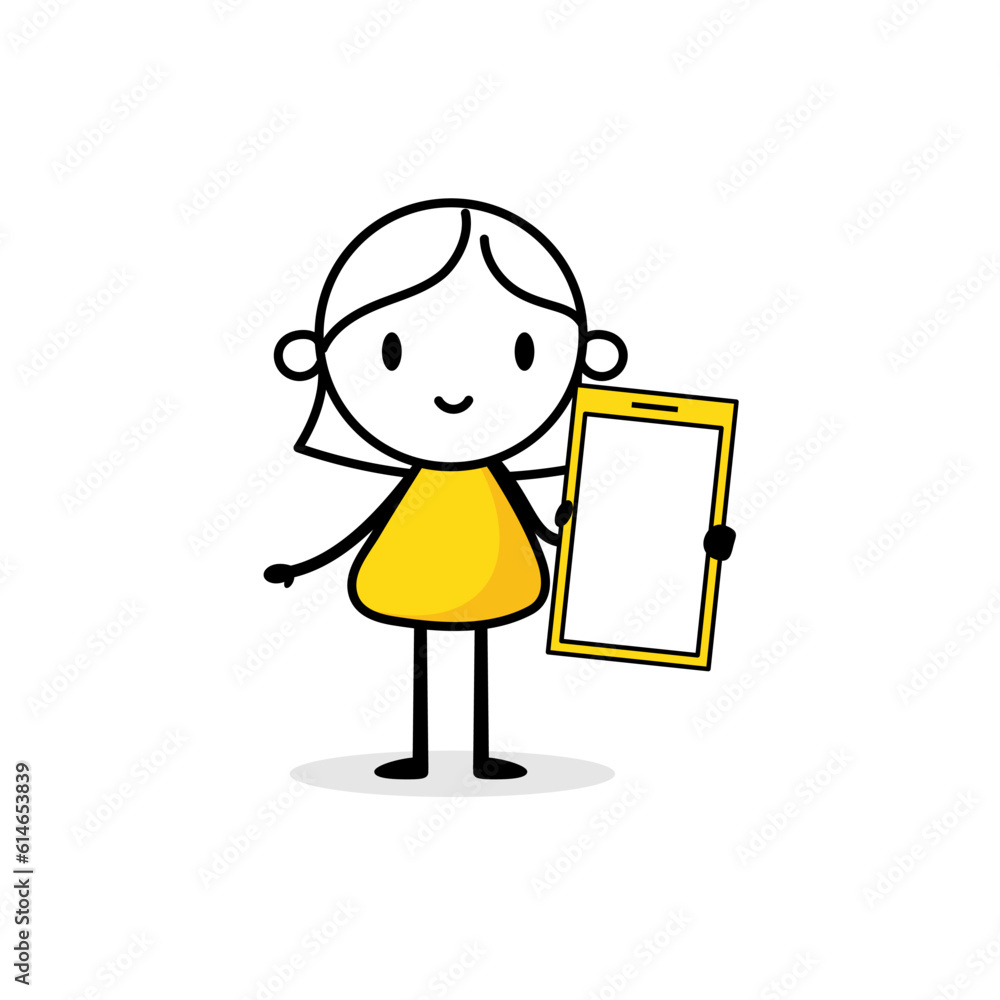 Businesswoman holds a mobile phone in his hand. Hand drawn doodle woman isolated on white background. Vector stock illustration Businesswoman holds a mobile phone in his hand. Hand drawn doodle woman isolated on white background. Vector stock illustration