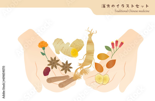 漢方薬の素材を抱える・差し出す両手のイラスト
