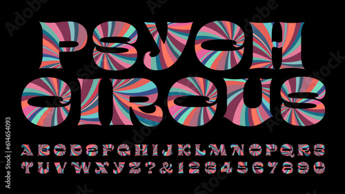 A multicolored bold alphabet with the look of psychedelic pinwheels in circus colors