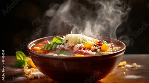 Minestrone with steam rising from the surface, revealing the colorful ingredients