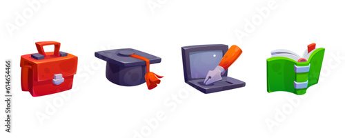 3d cartoon school education isometric icon set. Online learn with book and laptop vector concept for infographic or app design. Elearning illustration with stationery for student isolated illustration