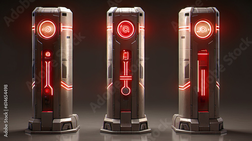 Three assets of Future Power Terminal in Column with scratchy surface and Red Glow lights in a Scifi style - AI Generated photo