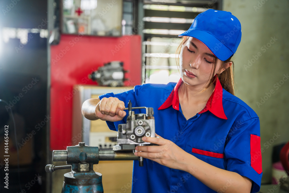 A female diesel engine mechanic in a blue uniform is working at the garage. Inspect and maintain the fuel pressure booster pump system and common rail injectors. A female diesel engine mechanic in a blue uniform is working at the garage. Inspect and maintain the fuel pressure booster pump system and common rail injectors.