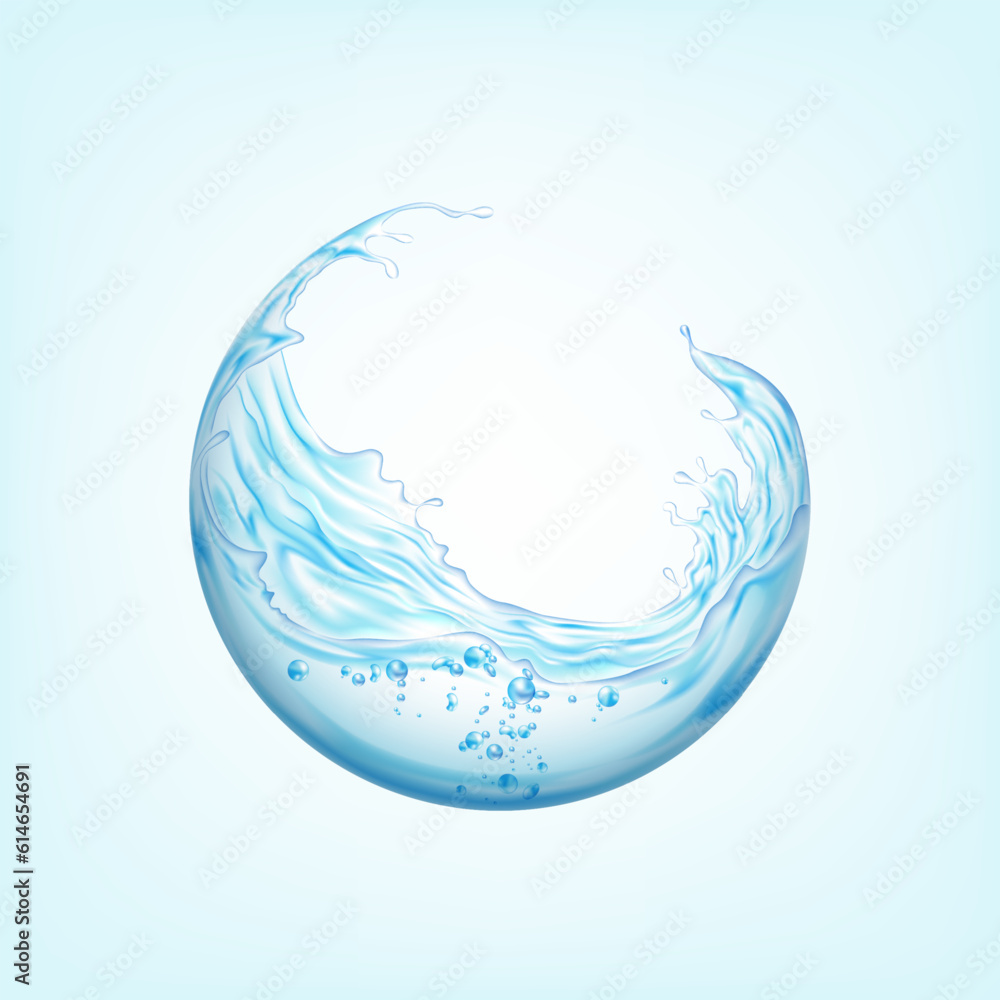 Water splash in round shape . Liquid splashing ball with drops. 3D vector illustration Water splash in round shape . Liquid splashing ball with drops. 3D vector illustration