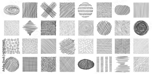 Scribble hatch textures. Dirty lines and scratches of various shapes, creative abstract strokes and hatching effect. Vector doodle strokes and scribbles isolated set