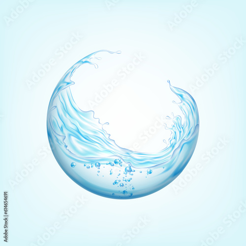 Water splash in round shape . Liquid splashing ball with drops. 3D vector illustration