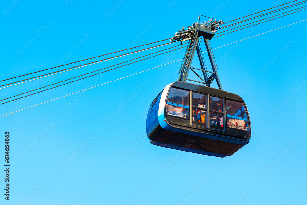San Marino Cable Car . Ropeway cabin with passengers . Funivia di San Marino