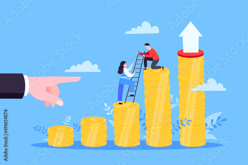 Business mentor helps improve career and money stacks growing. He holds stairs steps vector illustration. Mentorship, upskills, climb help self development strategy flat style design business concept.