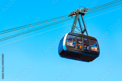 San Marino Cable Car . Ropeway cabin with passengers . Funivia di San Marino