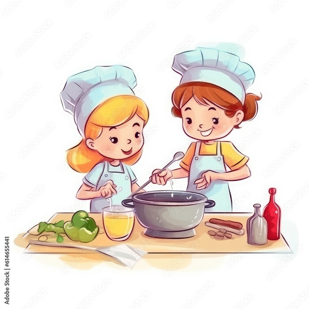 Cute children cooking in the kitchen. Happy little chef kids. Generative AI Cute children cooking in the kitchen. Happy little chef kids. Generative AI