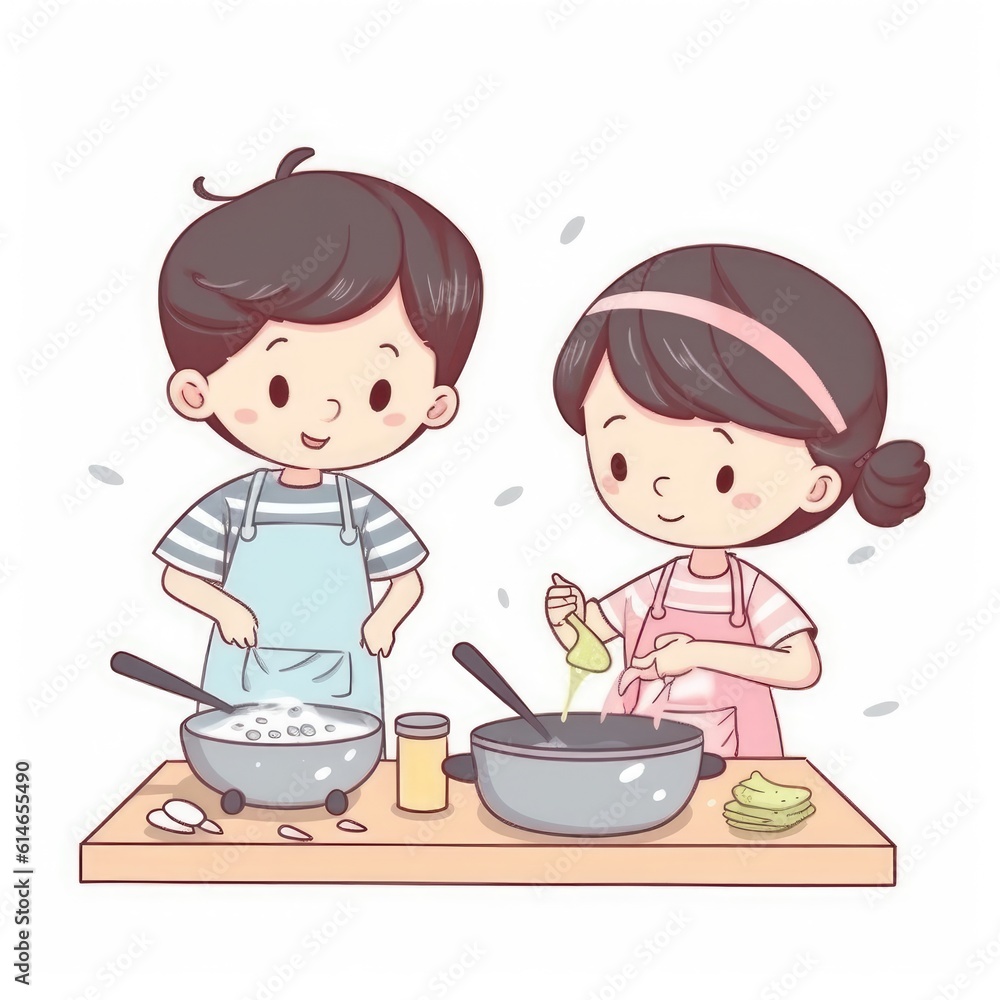 Cute children cooking in the kitchen. Happy little chef kids. Generative AI Cute children cooking in the kitchen. Happy little chef kids. Generative AI