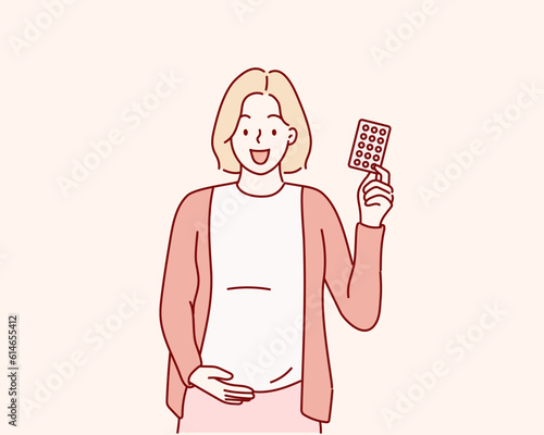 Pregnant woman holding blister of medicine in her hand. Hand drawn style vector design illustrations.