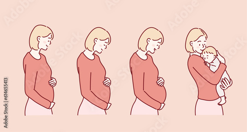 Pregnancy stages. Pregnant and newborn, woman belly figure during pregnancy. Hand drawn style vector design illustrations.