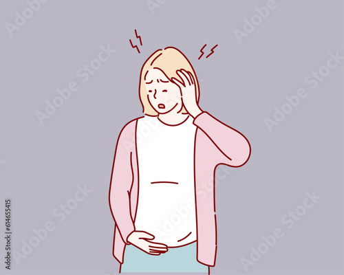  woman expecting a baby, touching pregnant belly tired rubbing nose and eyes feeling fatigue and headache. Hand drawn style vector design illustrations.