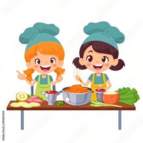 Cute children cooking in the kitchen. Happy little chef kids. Generative AI