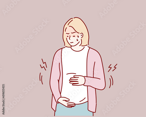 Pregnant woman suffering from childbirth pains. Hand drawn style vector design illustrations.
