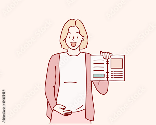 pregnancy woman writing check list. Happy pregnant lady holding notepad. Hand drawn style vector design illustrations.