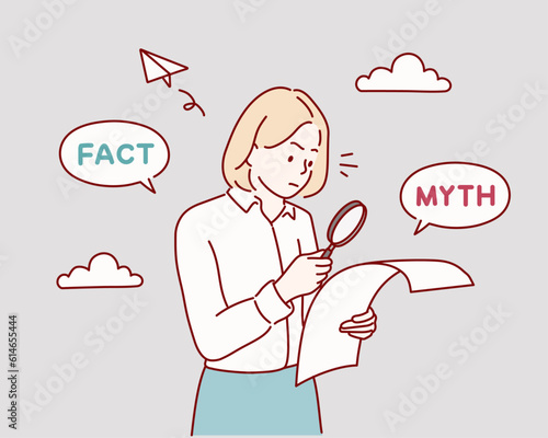 woman looking through magnifying glass and thinking or comparing between truth and false. Hand drawn style vector design illustrations.