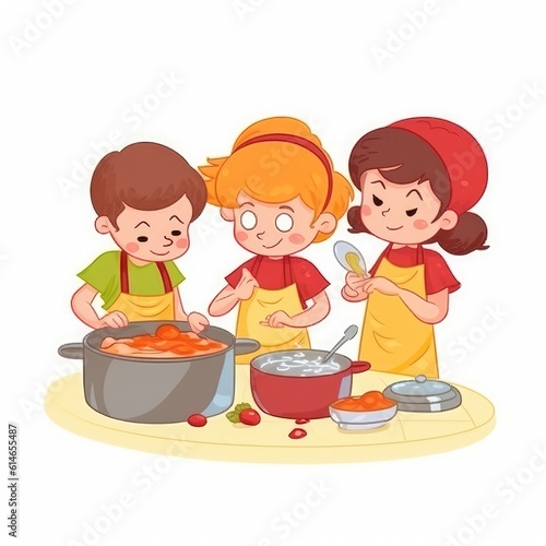 Cute children cooking in the kitchen. Happy little chef kids. Generative AI