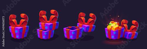 Cartoon set of open and closed gift box isolated on black background. Vector illustration of present package decorated with red ribbon, gold bar, money bonus, gemstone sparkling inside. Game reward