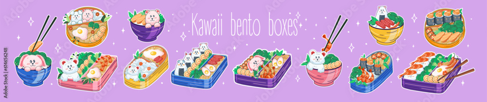 Bento boxes and bowls in Kawaii style. Cute, colorful illustrations. Japanese food in lunch boxes. Anime. Vector. Bento boxes and bowls in Kawaii style. Cute, colorful illustrations. Japanese food in lunch boxes. Anime. Vector.