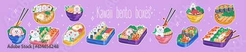 Bento boxes and bowls in Kawaii style. Cute, colorful illustrations. Japanese food in lunch boxes. Anime. Vector.