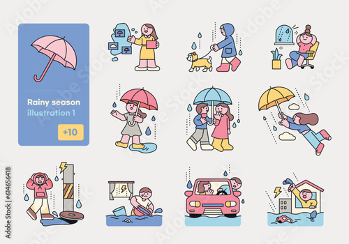 Rain day. Street people with umbrellas and natural disasters. A cute and simple illustration with a thick outline.