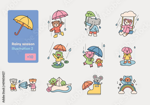 Rain day. Happy anthropomorphic animal character with umbrella. A cute and simple illustration with a thick outline.