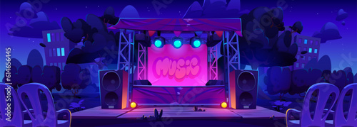Concert stage ready for open air show in night city park. Vector cartoon illustration of outdoor scene with loudspeakers, spotlight illumination, chairs in fan area, trees and houses under starry sky