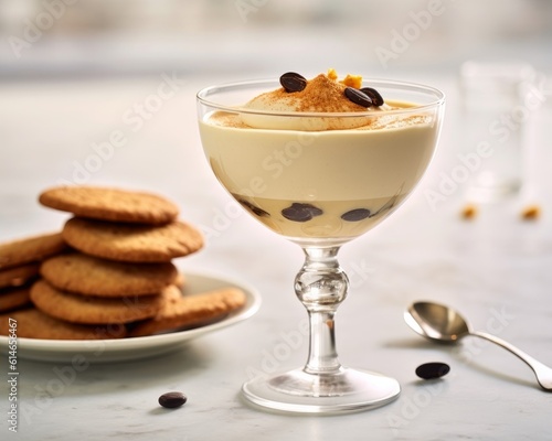Zabaione served alongside biscotti on a white marble background