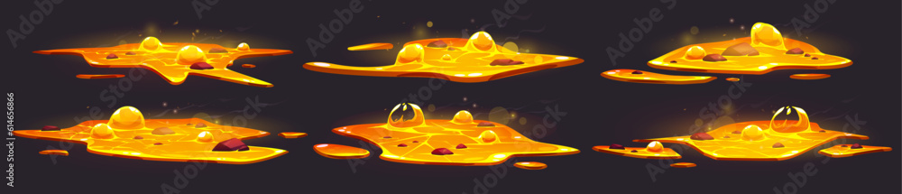 2d magic liquid volcano lava puddle cartoon vector set. Isolated orange ...