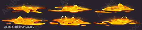 2d magic liquid volcano lava puddle cartoon vector set. Isolated orange magma flame motion for hell in mobile game environment. Molten metal foundry burst explosion texture. Ui png texture clipart