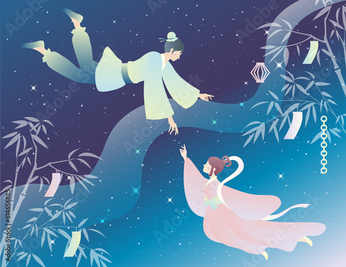 Photos 七夕の夜に逢う織姫と彦星の背景イラスト素材 七夕祭 夏 天の川