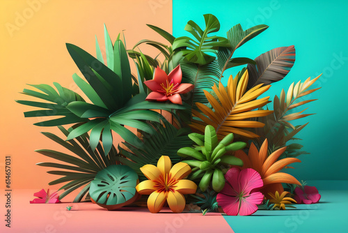 Abstract 3D Tropical House plant and Flower Background  photo generative Ai
