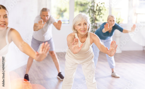 Elderly lady is engaged in modern dance class with group friends of same age and learn to perform movements to rhythmic music. Active longevity, dance moves and basic steps