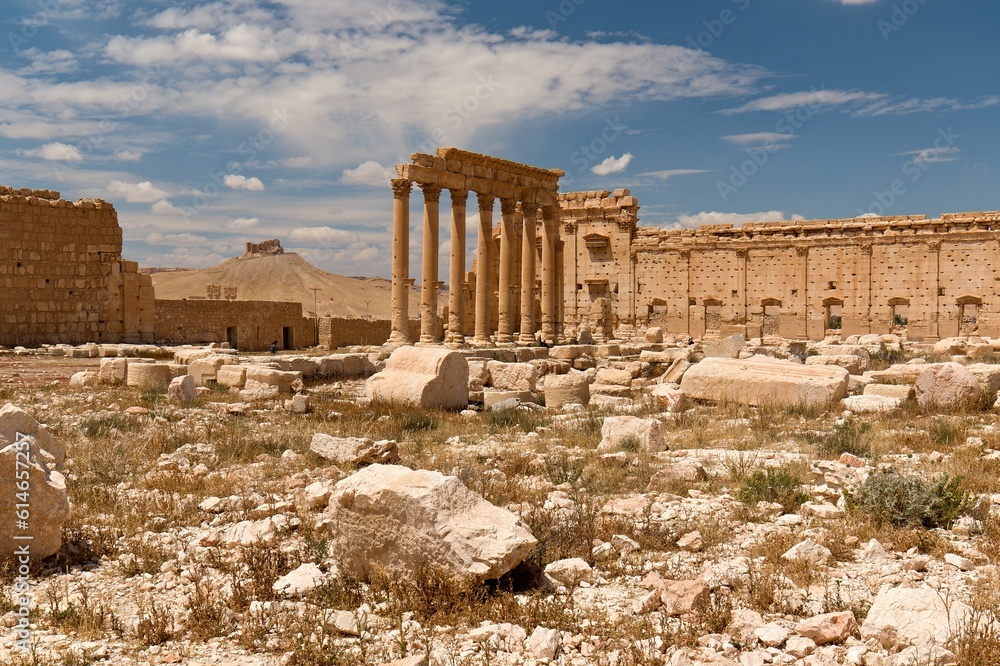 View of the ruins of the ancient city of Palmyra built in the 1st to 2nd century. Temple of Bel, destroyed by the Islamic State in August 2015. UNESCO World Heritage Site.