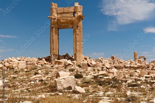 View of the ruins of the ancient city of Palmyra built in the 1st to 2nd century. Temple of Bel, destroyed by the Islamic State in August 2015. UNESCO World Heritage Site.