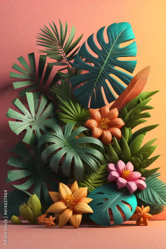 Fototapeta premium Abstract 3D Tropical House plant and Flower Background, photo generative Ai