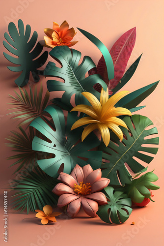 Abstract 3D Tropical House plant and Flower Background  photo generative Ai