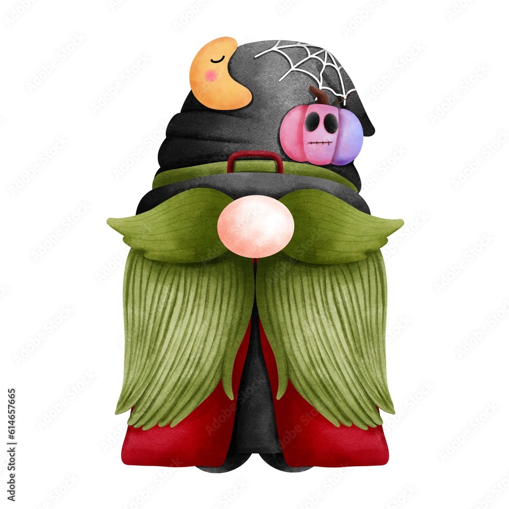 Fototapeta premium Halloween gnome illustration.Cute gnome boy with crescent moon and pumpkin isolated on white background.