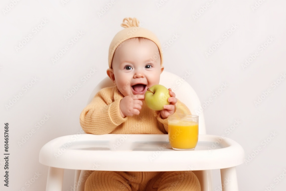 A happy child in a knitted bodysuit sits at a children's table in a child's chair and eats an apple. There is a glass of juice on the table. The concept of children's proper nutrition. Generative AI A happy child in a knitted bodysuit sits at a children's table in a child's chair and eats an apple. There is a glass of juice on the table. The concept of children's proper nutrition. Generative AI